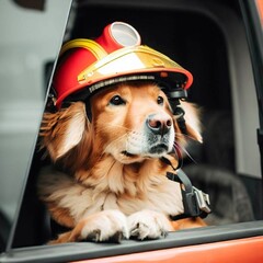 dog in fireman helmet