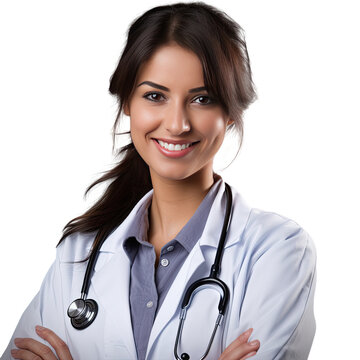 Isolated female doctor smiling with stethoscope on transparent background