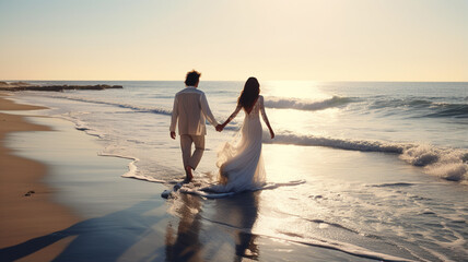 wedding couple walking on sandy beach. happy bride and groom on the sand.