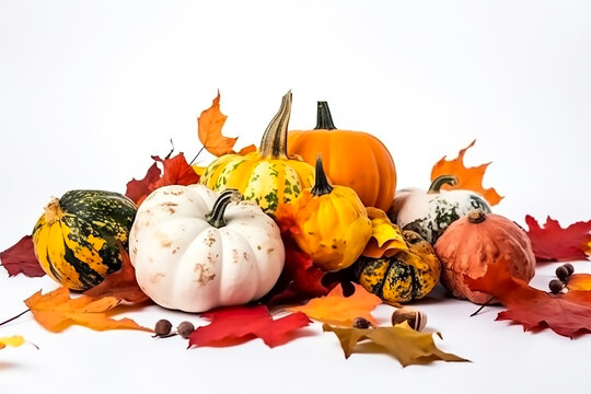 Illustration of Autumn arrangement with pumpkins and Colorful leaves on a white background, Generative AI image.