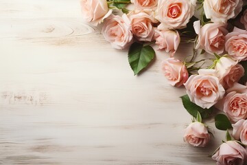 Wedding composition on white wooden background