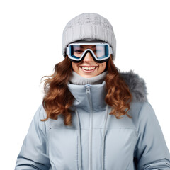 Happy snowboarder woman in her 20s wearing a blue suit and protective gear poses for the camera during her exciting weekend in the snow against a plain pastel transparent background