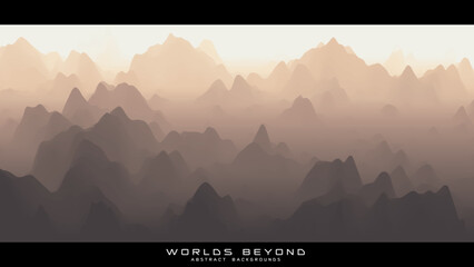 Abstract beige landscape with misty fog till horizon over mountain slopes. Gradient eroded terrain surface. Worlds beyond.