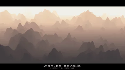Zelfklevend Fotobehang Abstract beige landscape with misty fog till horizon over mountain slopes. Gradient eroded terrain surface. Worlds beyond. © garrykillian