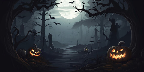Halloween background with moon and bats. Generative AI.