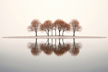 Minimalist landscape with bare trees on an island in late autumn or winter