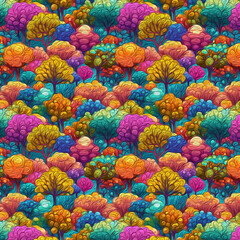 Fototapeta na wymiar Vivid colors, trees and leaves repeating background seamless transition
