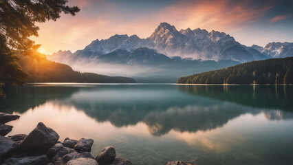 Impressive summer sunrise on Eibsee lake with Zugspitze mountain range. Sunny outdoor scene in German Alps, Bavaria, Germany, Europe. Beauty of nature concept background. - obrazy, fototapety, plakaty