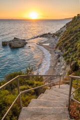 Beautiful Xigia beach on Zakynthos island at sunrise, Ionian sea, Greece - 642622396
