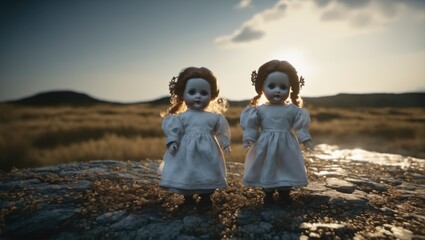 Vintage twin dolls with an eerie aura. Ideal for collectors and antique enthusiasts, adding a touch of mystique to your collection.. - obrazy, fototapety, plakaty