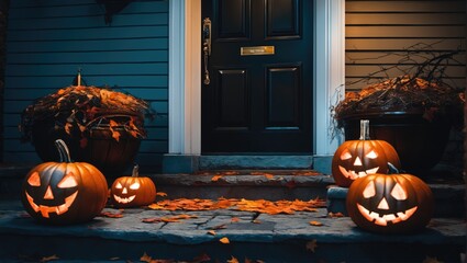Get ready for Halloween with spooky jack-o-lanterns and haunted houses. Perfect for party invitations and seasonal decorations.