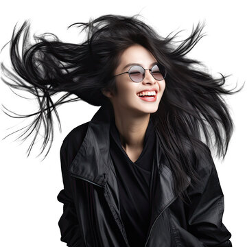 Photo of a stylish and charming girl in black attire sunglasses dancing and beaming against a sunny transparent background