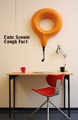 a desk with an orange chair next to it and the word cafe fort written in black on the wall behind