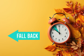 An orange alarm clock sitting on top of a pile of leaves. Digital image. - obrazy, fototapety, plakaty