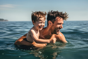 Fototapeta premium Father and son playing in the water during a sunny summer day,