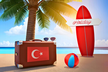 Turkey summer vacation concept with old suitcase by the beach.