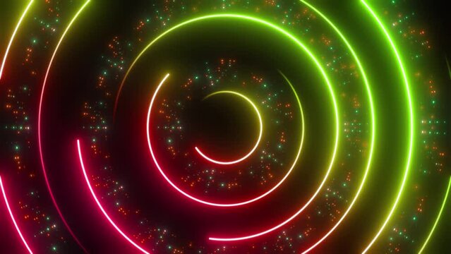 This stock motion graphic video of 4K colored neon radial curves with gentle overlapping curves on seamless loop
