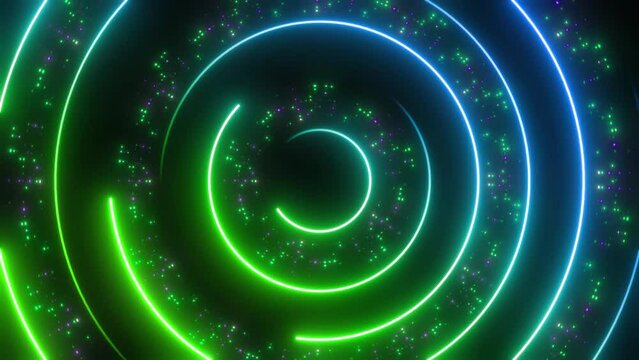This stock motion graphic video of 4K colored neon radial curves with gentle overlapping curves on seamless loop