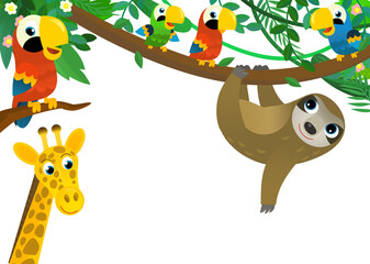 cartoon scene with jungle and animals and parrot bird being together as frame illustration for children