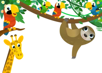 Muurstickers cartoon scene with jungle and animals and parrot bird being together as frame illustration for children © honeyflavour