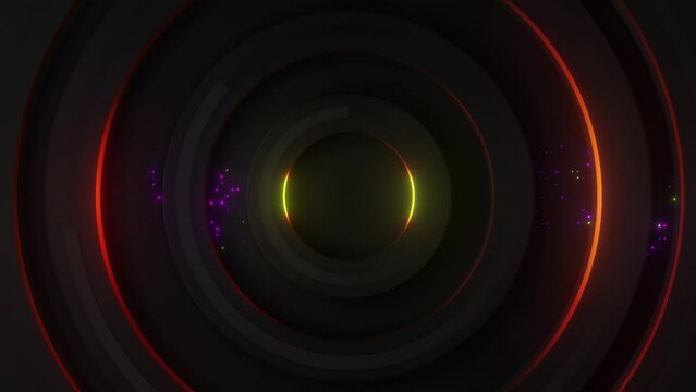 This stock motion graphic video of 4K colored neon radial curves with gentle overlapping curves on seamless loop