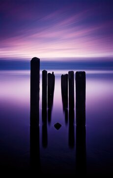 some wooden posts in the water at dusk, with a purple and blue sky behind thema photo by person