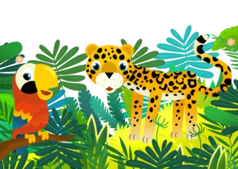 Zelfklevend Fotobehang cartoon scene with jungle and animals and parrot bird being together as frame illustration for children © honeyflavour