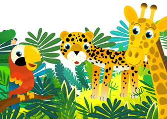cartoon scene with jungle and animals and parrot bird being together as frame illustration for children