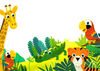 Naklejka premium cartoon scene with jungle and animals and parrot bird being together as frame illustration for children