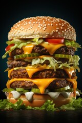 a large cheeseburger with multiple patties. Generative AI Art.