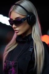 a woman wearing headphones and sunglasses. Generative AI Art.