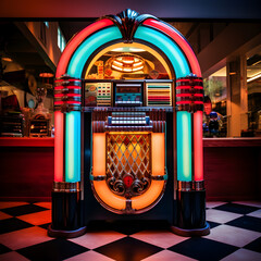 Old fashioned 1950's style jukebox in a diner. Generative ai. 