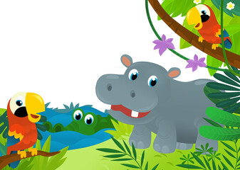 Fototapeta premium cartoon scene with jungle and animals and parrot bird being together as frame illustration for children