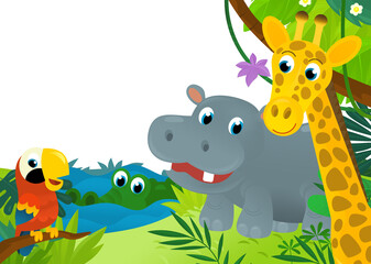 cartoon scene with jungle and animals and parrot bird being together as frame illustration for children
