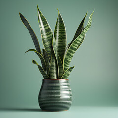 Potted snake plant with green background. A concept of indoor plants and decorating. Generative ai. 