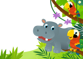 cartoon scene with jungle and animals and parrot bird being together as frame illustration for children