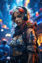 a woman with flowers in her hair and headphones. Generative AI Art.