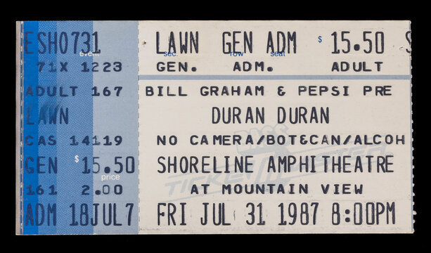Mountain View, California - July 31, 1987 - Old used ticket stub for Duran Duran concert at Shoreline Amphitheatre