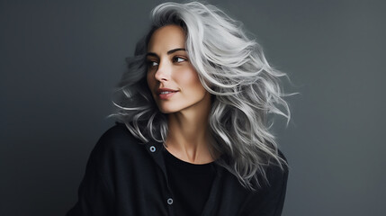 Fototapeta premium portrait of a young woman in black clothes with black lush wavy hair on a dark background
