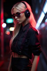 a woman wearing headphones and sunglasses. Generative AI Art.