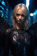 a woman with blonde hair wearing black wings. Generative AI Art.