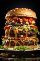 a large cheeseburger with bacon and lettuce. Generative AI Art.
