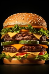 a large cheeseburger with multiple layers of meat and vegetables. Generative AI Art.