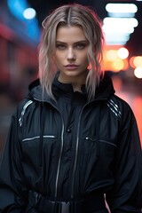 a woman in a black jacket. Generative AI Art.