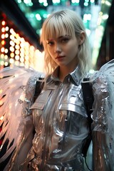 a woman with blonde hair wearing a silver jacket with wings. Generative AI Art.