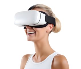 Blonde Girl laughing while watching movie wearing VR Headset isolated on transparent background, Fictional Person, Generative ai