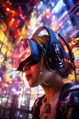 a woman wearing headphones and virtual reality goggles. Generative AI Art.