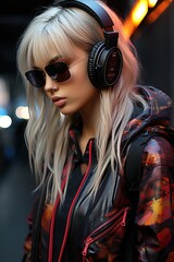 a woman wearing sunglasses and headphones. Generative AI Art.
