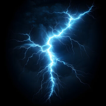 A blue lightning bold with a black background. A concept of natural weather phenomenon. Generative ai. 
