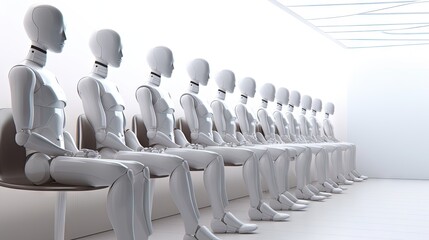 a group of white manns sitting in a row and facing to the right 3d rendering, person, human body, waiting room